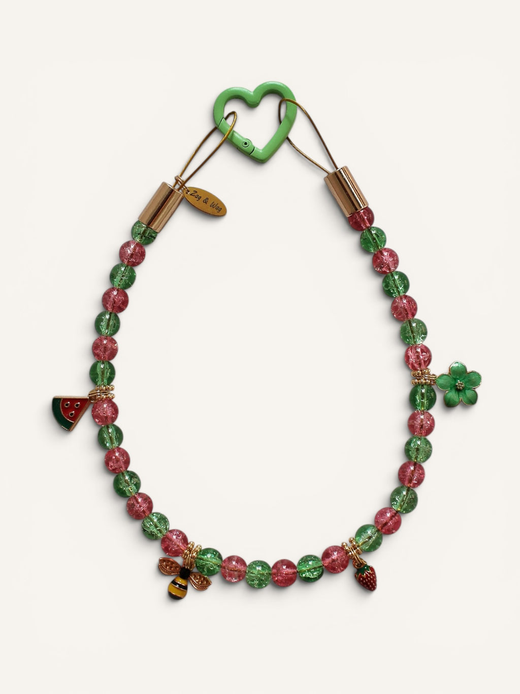 Collier pour chien Bee Happy en perles roses et vertes avec abeille et fraise