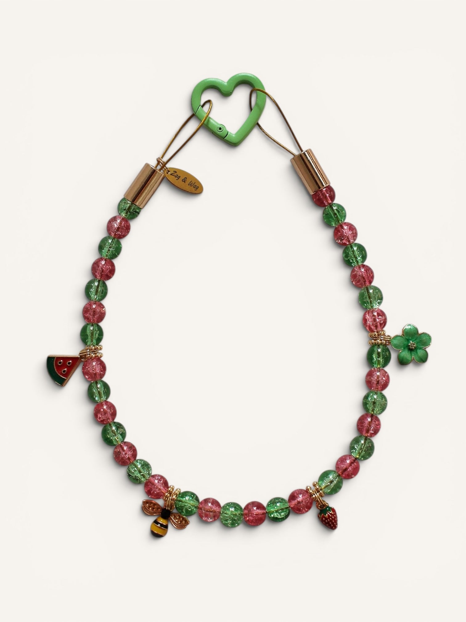 Collier pour chien Bee Happy en perles roses et vertes avec abeille et fraise
