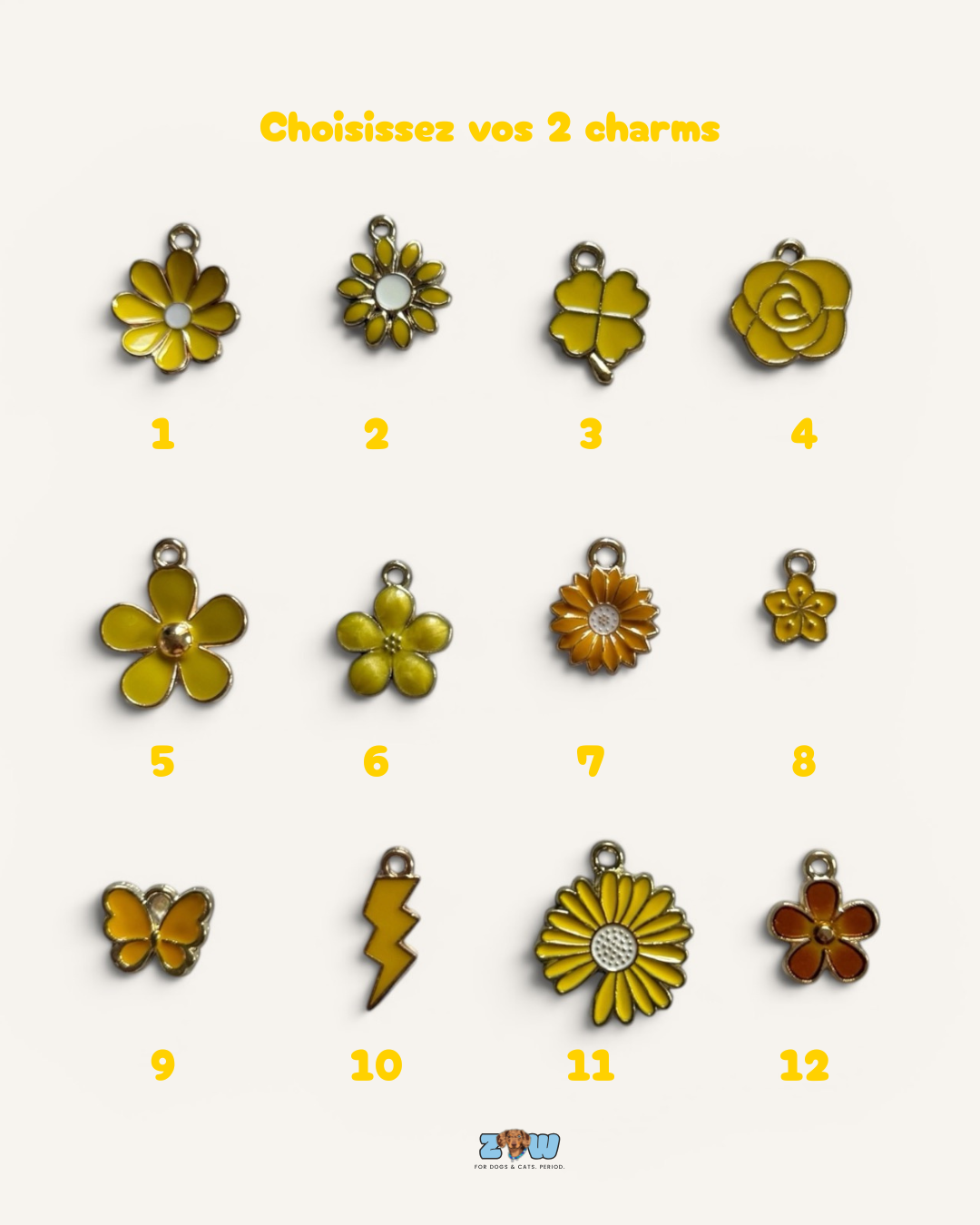 Choix de charms fleurs, papillon et éclair pour collier Paris Sunshine – Zag & Wag